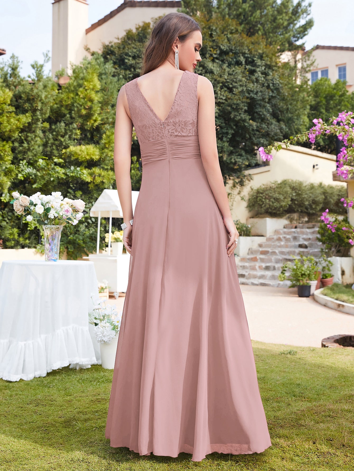Pink Scoop Neck A-Line Long Bridesmaid Dress with Lace Appliques Back View