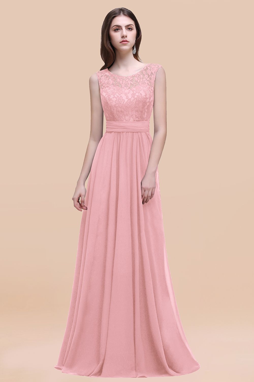 Pink Scoop Neck Chiffon A-Line Long Bridesmaid Dress