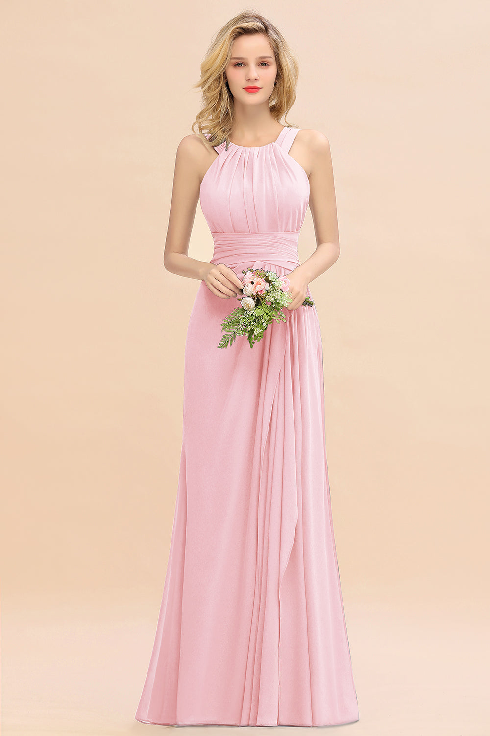 Pink Scoop Neck Chiffon A-Line Long Bridesmaid Dress