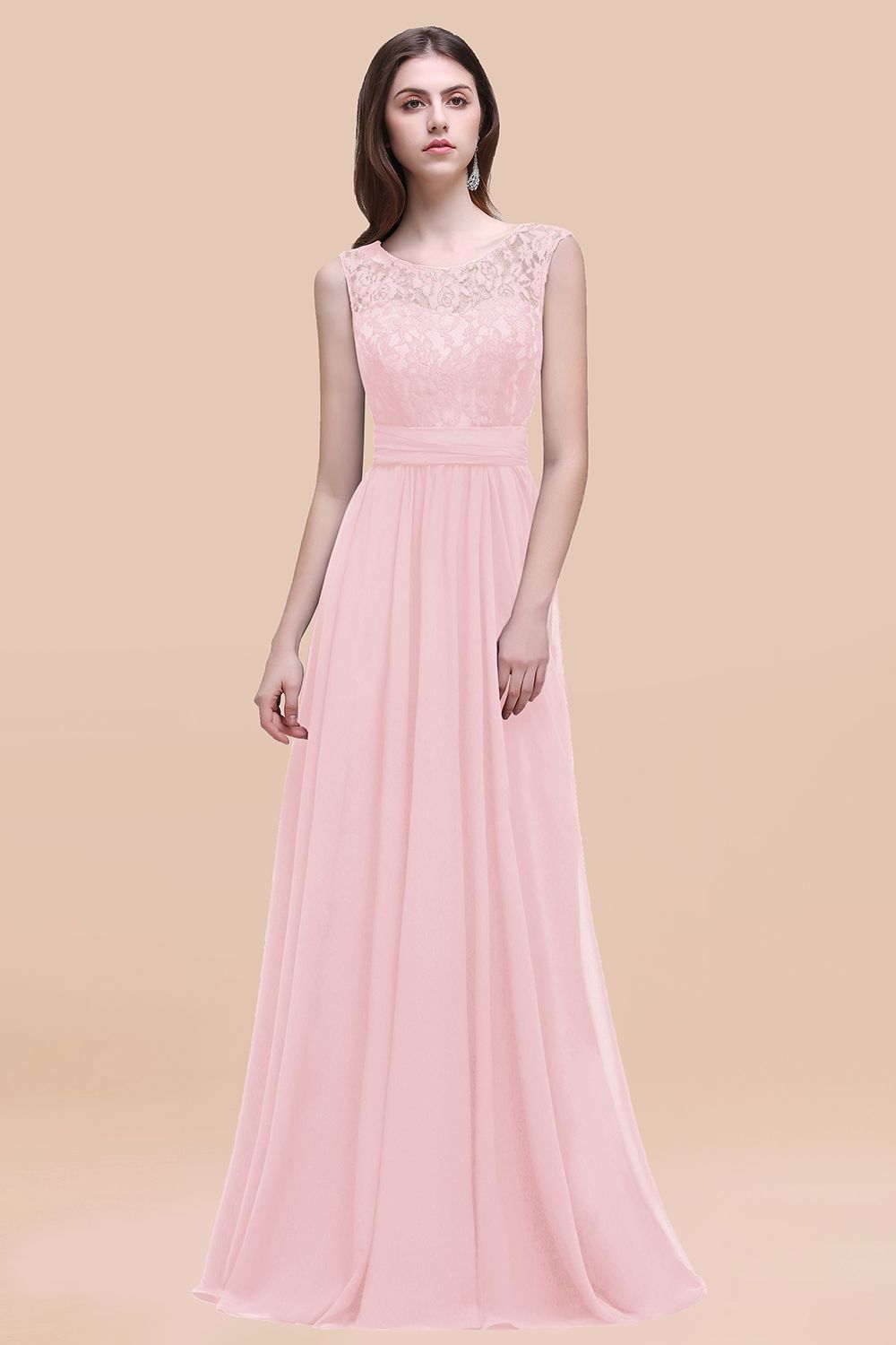 Pink Scoop Neck Chiffon A-Line Long Bridesmaid Dress