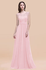 Pink Scoop Neck Chiffon A-Line Long Bridesmaid Dress