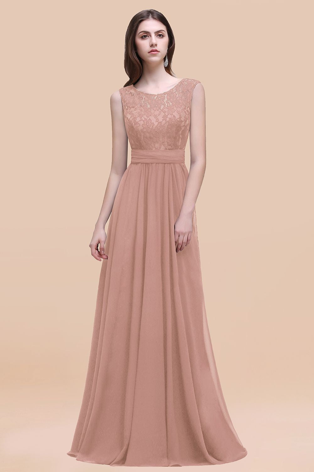 Pink Scoop Neck Chiffon A-Line Long Bridesmaid Dress