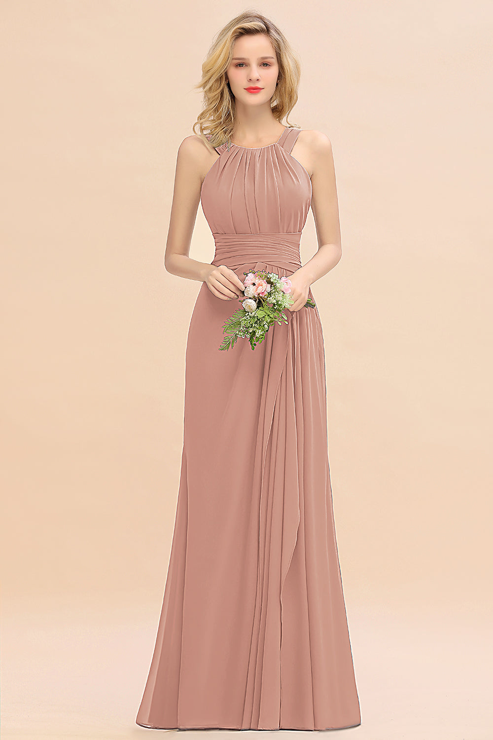 Pink Scoop Neck Chiffon A-Line Long Bridesmaid Dress