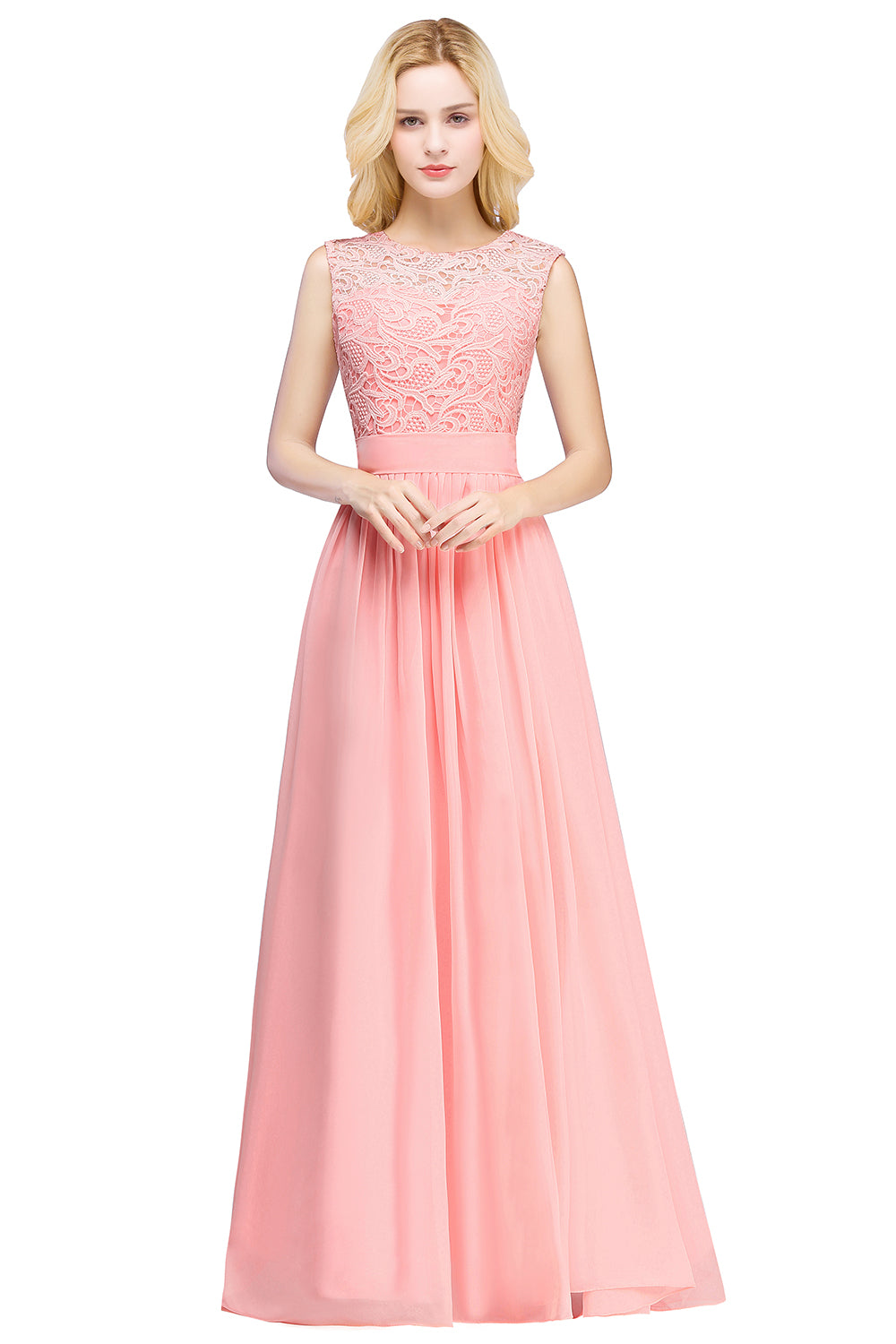 Pink Scoop Neck Chiffon A-Line Long Bridesmaid Dress with Lace Appliques and Pleats