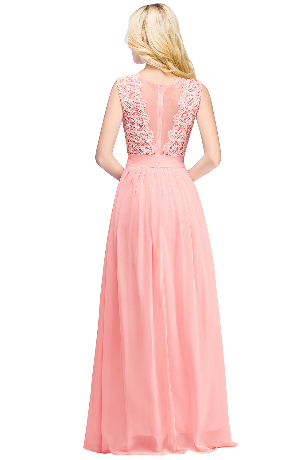Pink Scoop Neck Chiffon A-Line Long Bridesmaid Dress with Lace Appliques and Pleats Back View