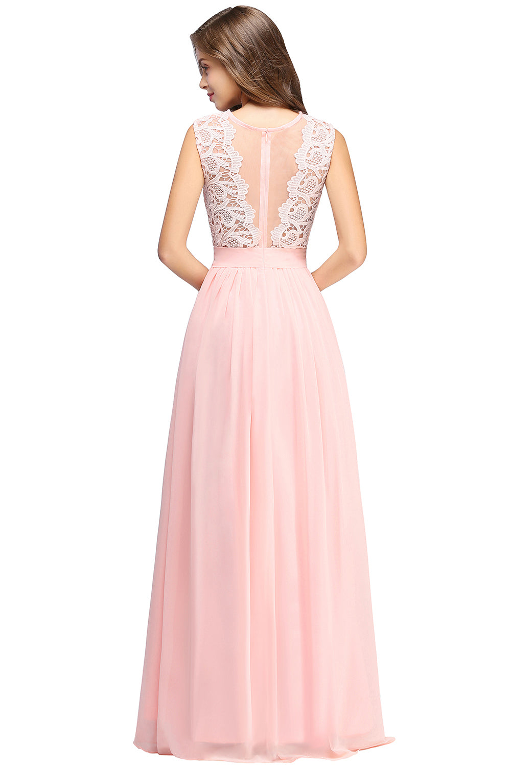 Pink Scoop Neck Chiffon A-Line Long Bridesmaid Dress with Lace Appliques and Pleats Back View