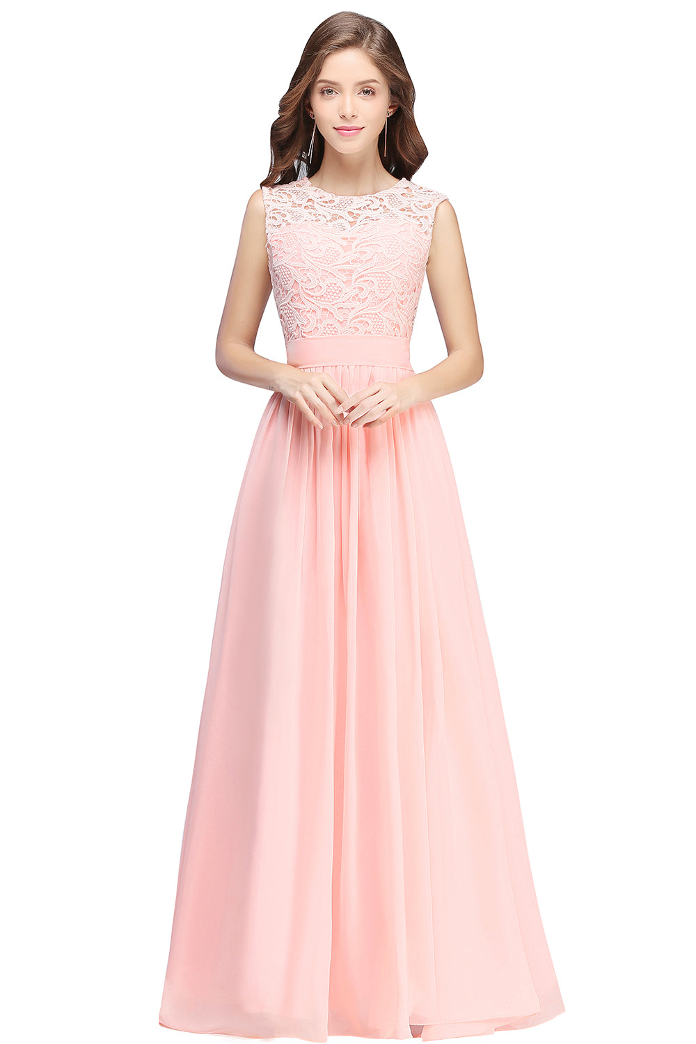 Pink Scoop Neck Chiffon A-Line Long Bridesmaid Dress with Lace Appliques and Pleats