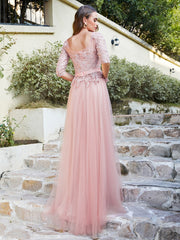 Pink Scoop Neck Tulle A-Line Long Bridesmaid Dress Back View
