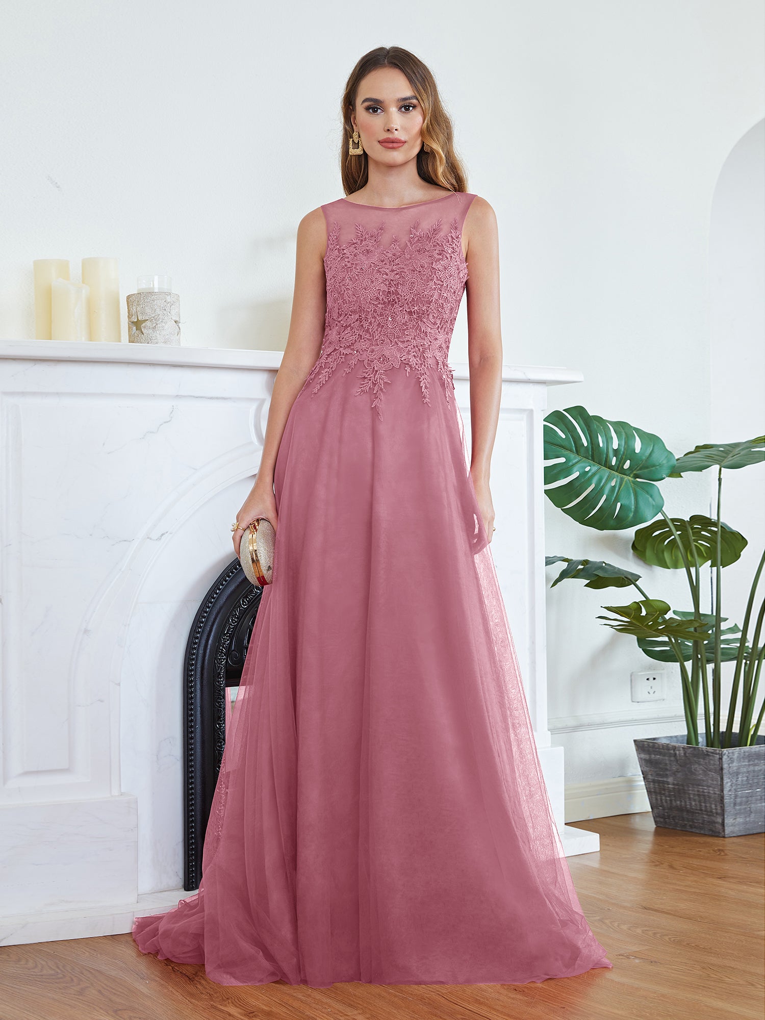 Pink Scoop Neck Tulle A-Line Long Bridesmaid Dress