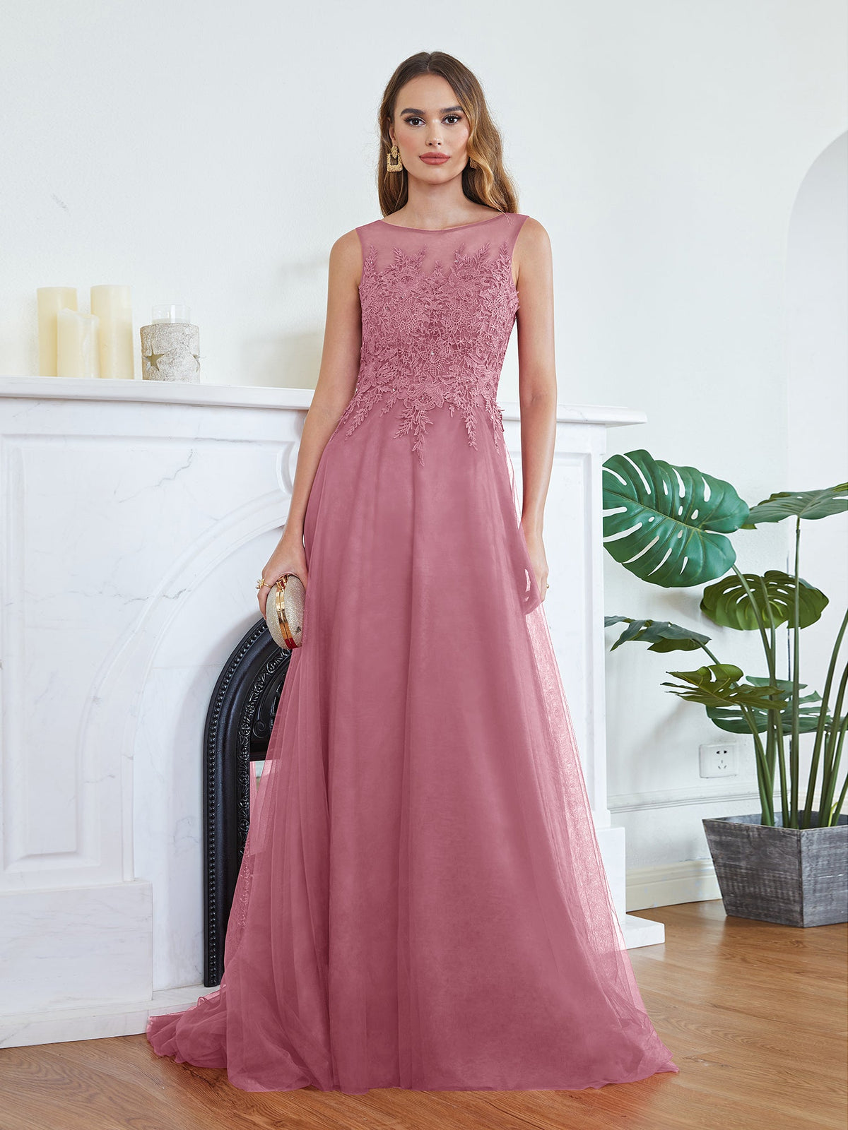 Pink Scoop Neck Tulle A-Line Long Bridesmaid Dress