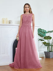 Pink Scoop Neck Tulle A-Line Long Bridesmaid Dress