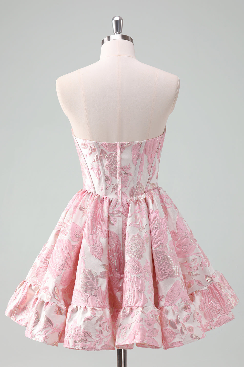 Pink Sweetheart A-Line Homecoming Dress with Floral Details and Corset Bodice Back View
