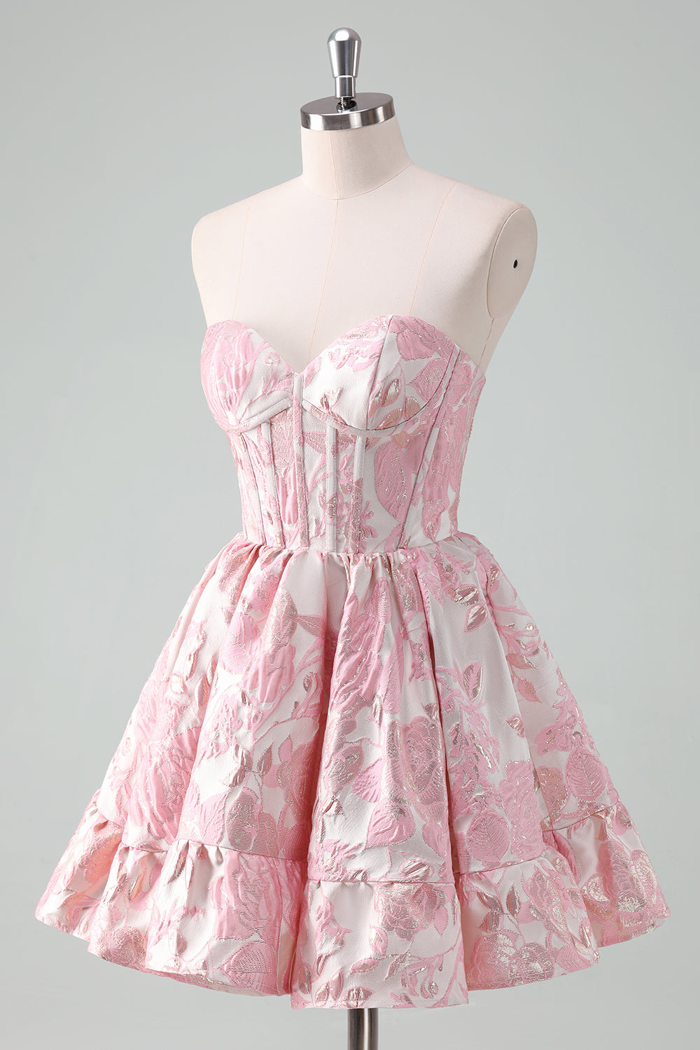 Pink Sweetheart A-Line Homecoming Dress with Floral Details and Corset Bodice Side View