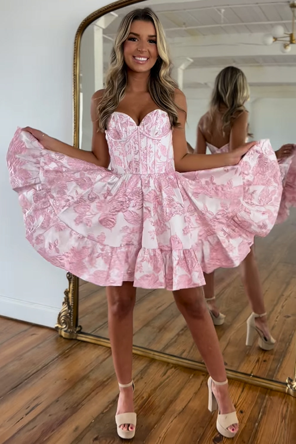 Pink Sweetheart A-Line Homecoming Dress with Floral Details and Corset Bodice