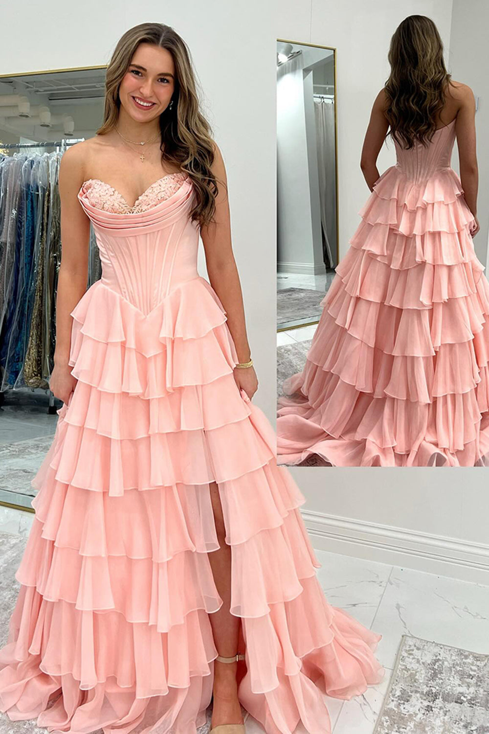 Pink Sweetheart A-Line Long Prom Dress with Slit