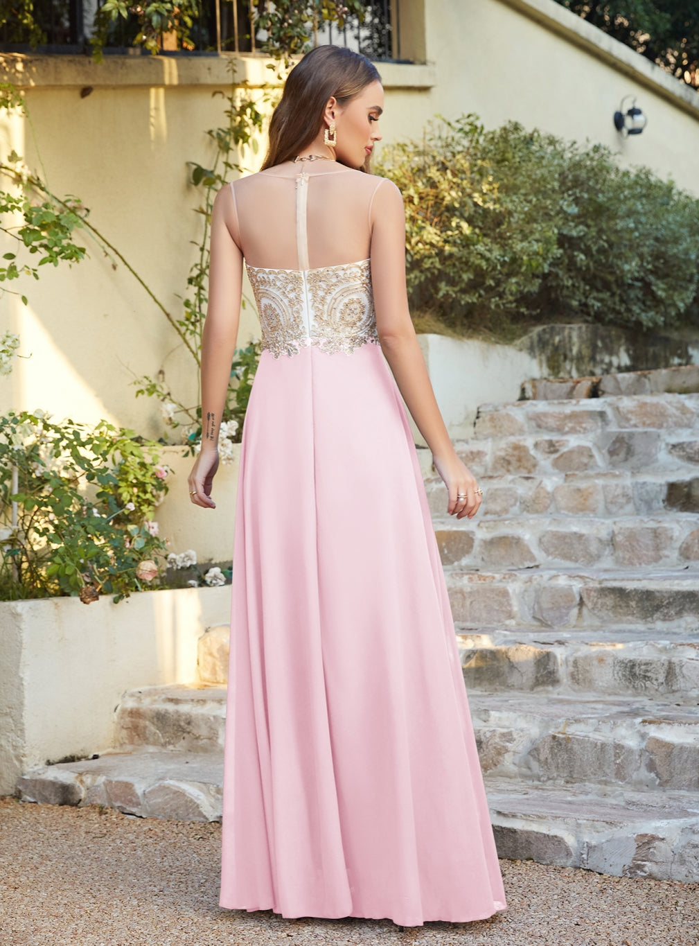 Pink Sweetheart Chiffon A-Line Long Bridesmaid Dress Back View