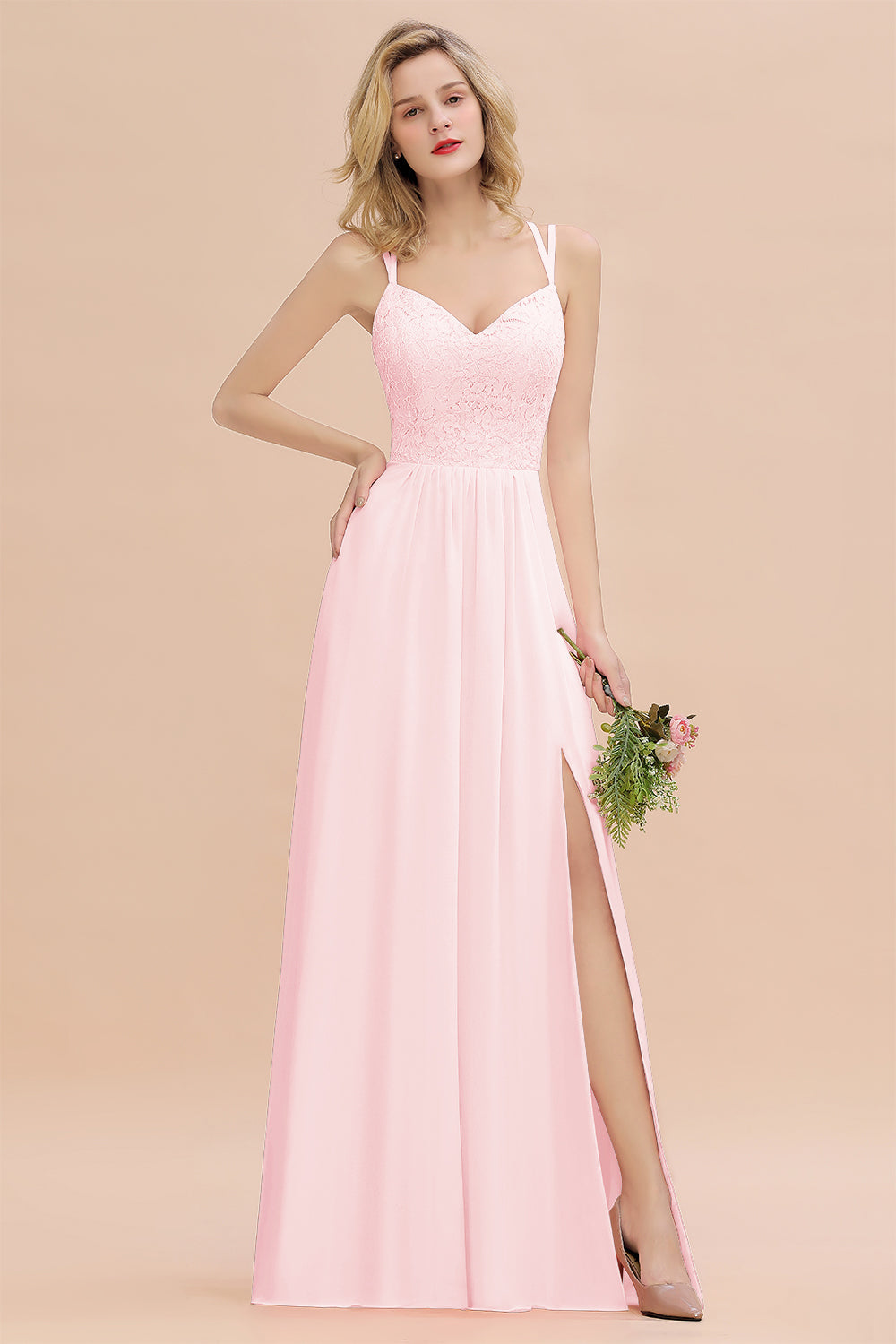 Pink Sweetheart Chiffon A-Line Long Bridesmaid Dress with Slit