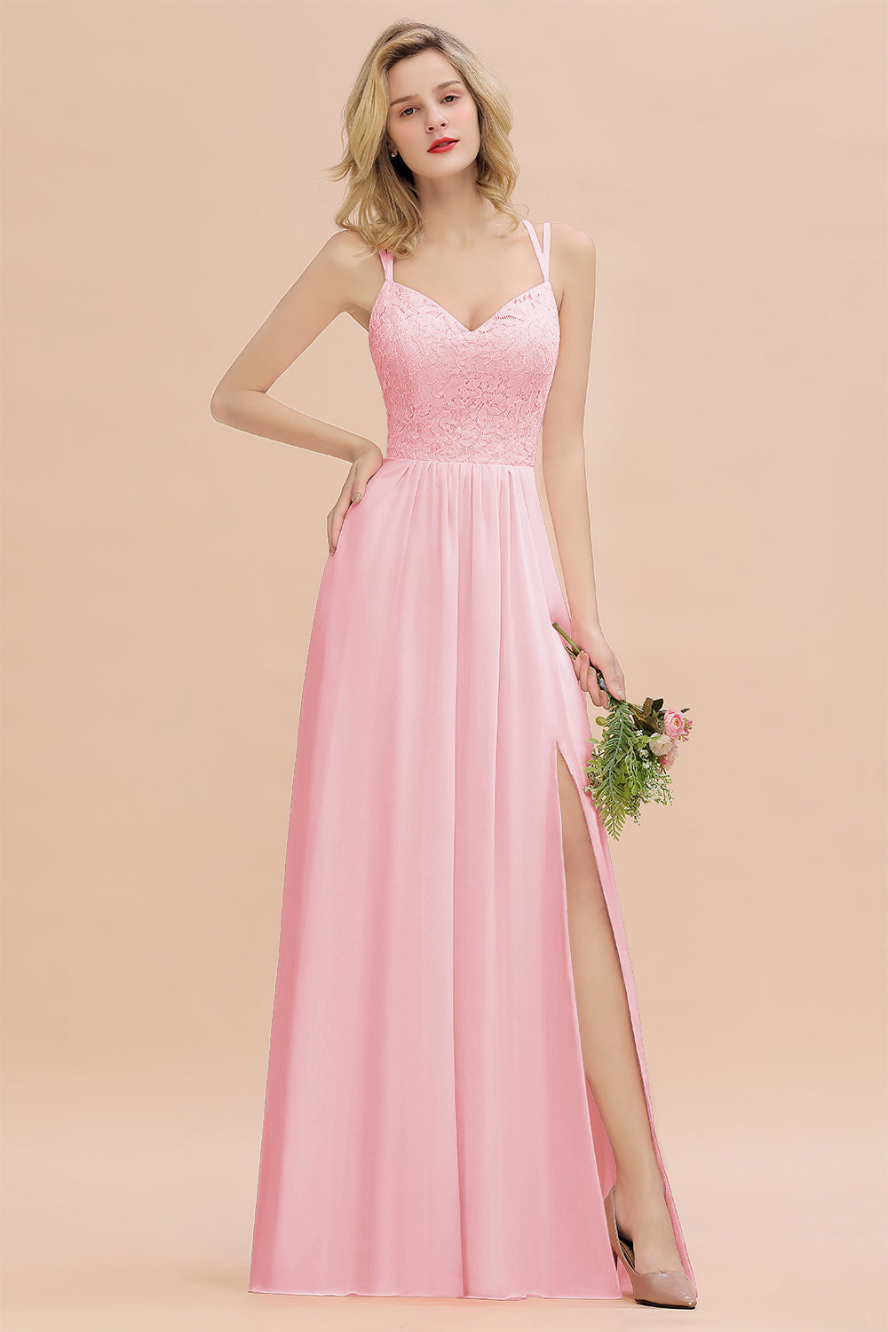 Pink Sweetheart Chiffon A-Line Long Bridesmaid Dress with Slit