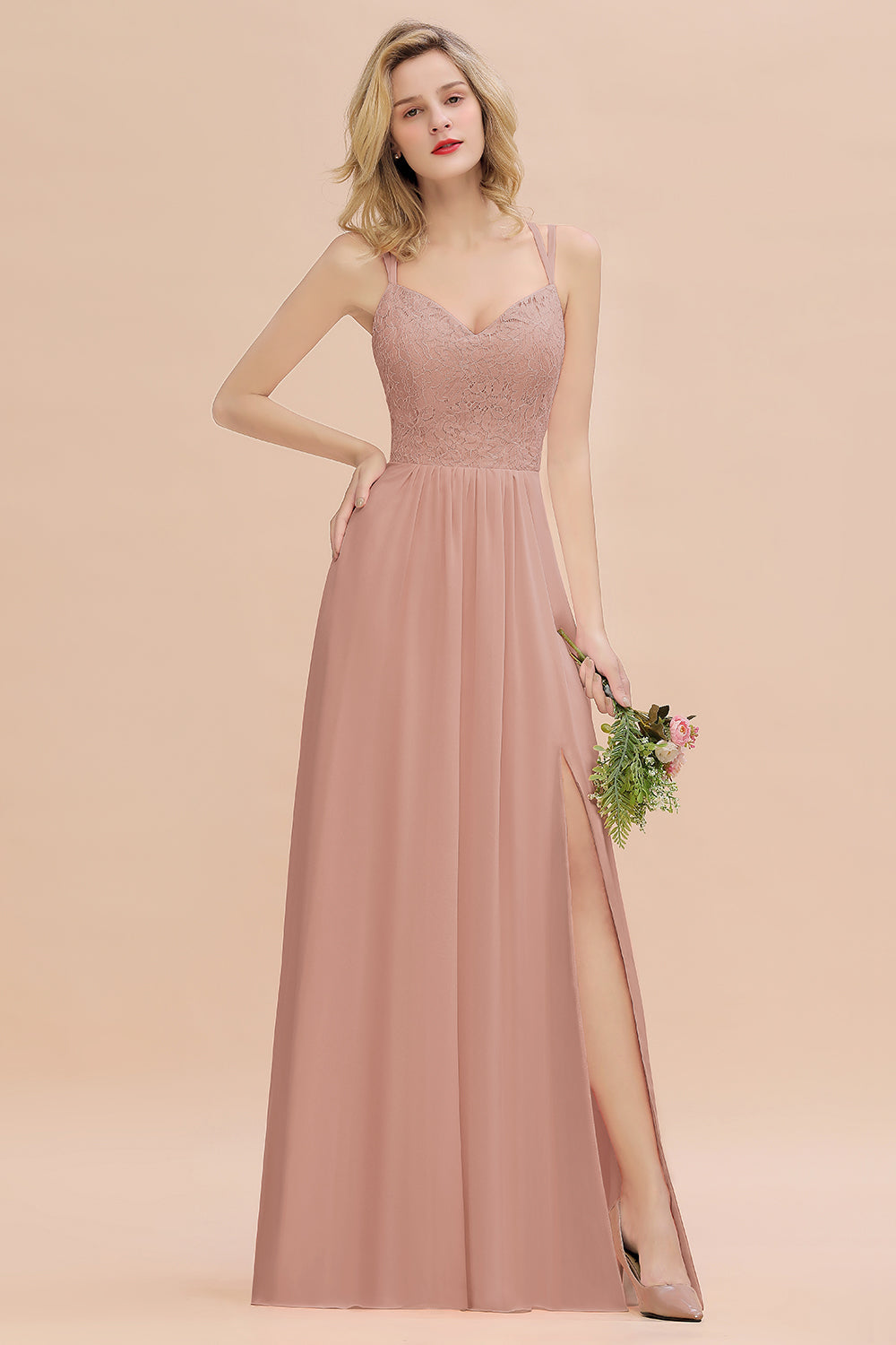 Pink Sweetheart Chiffon A-Line Long Bridesmaid Dress with Slit