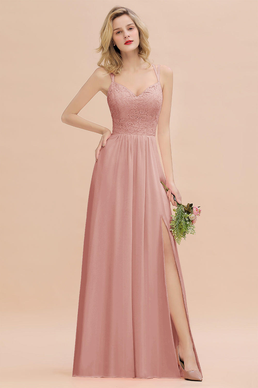 Pink Sweetheart Chiffon A-Line Long Bridesmaid Dress with Slit