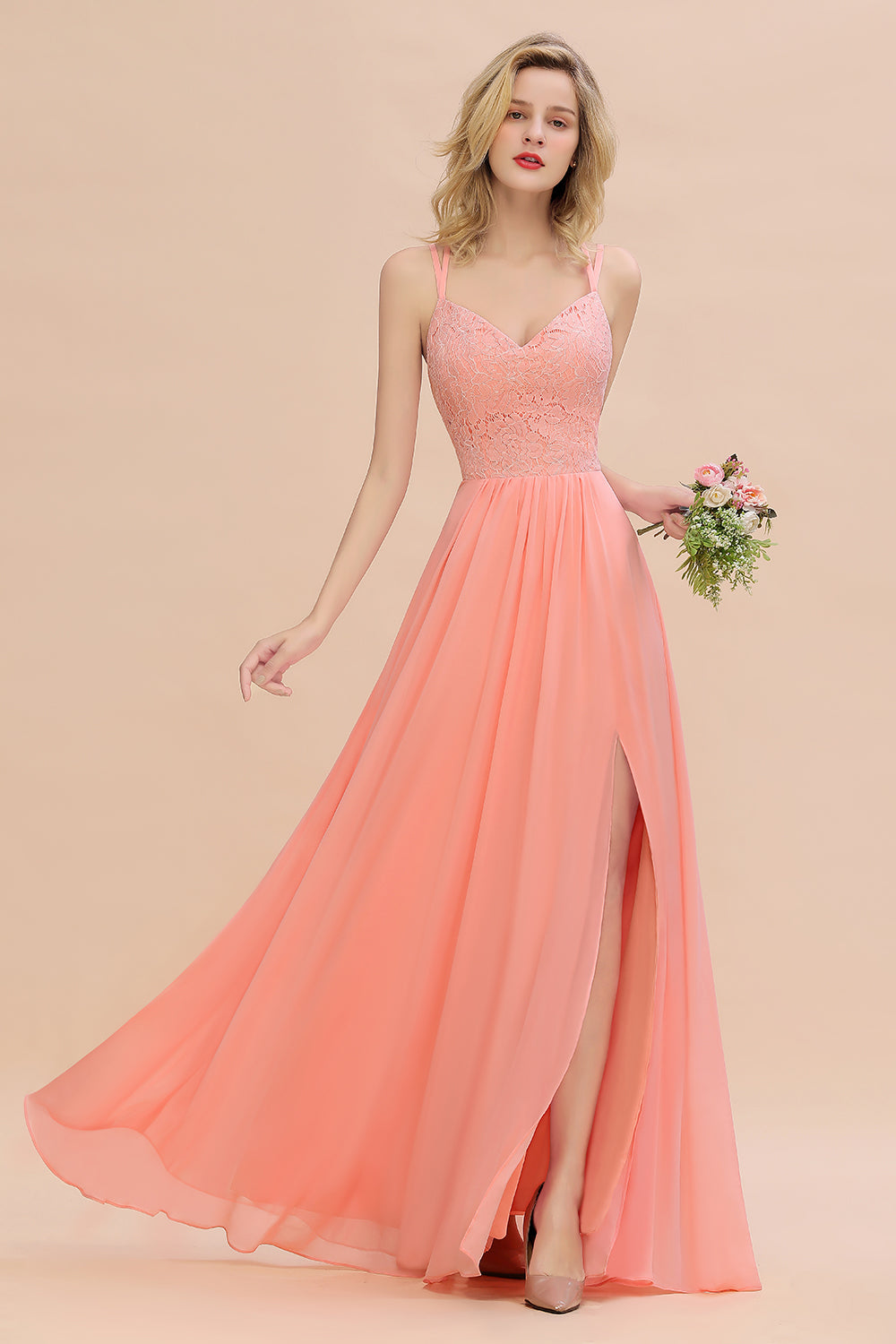 Pink Sweetheart Chiffon A-Line Long Bridesmaid Dress with Slit