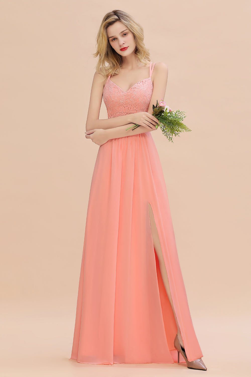 Pink Sweetheart Chiffon A-Line Long Bridesmaid Dress with Slit