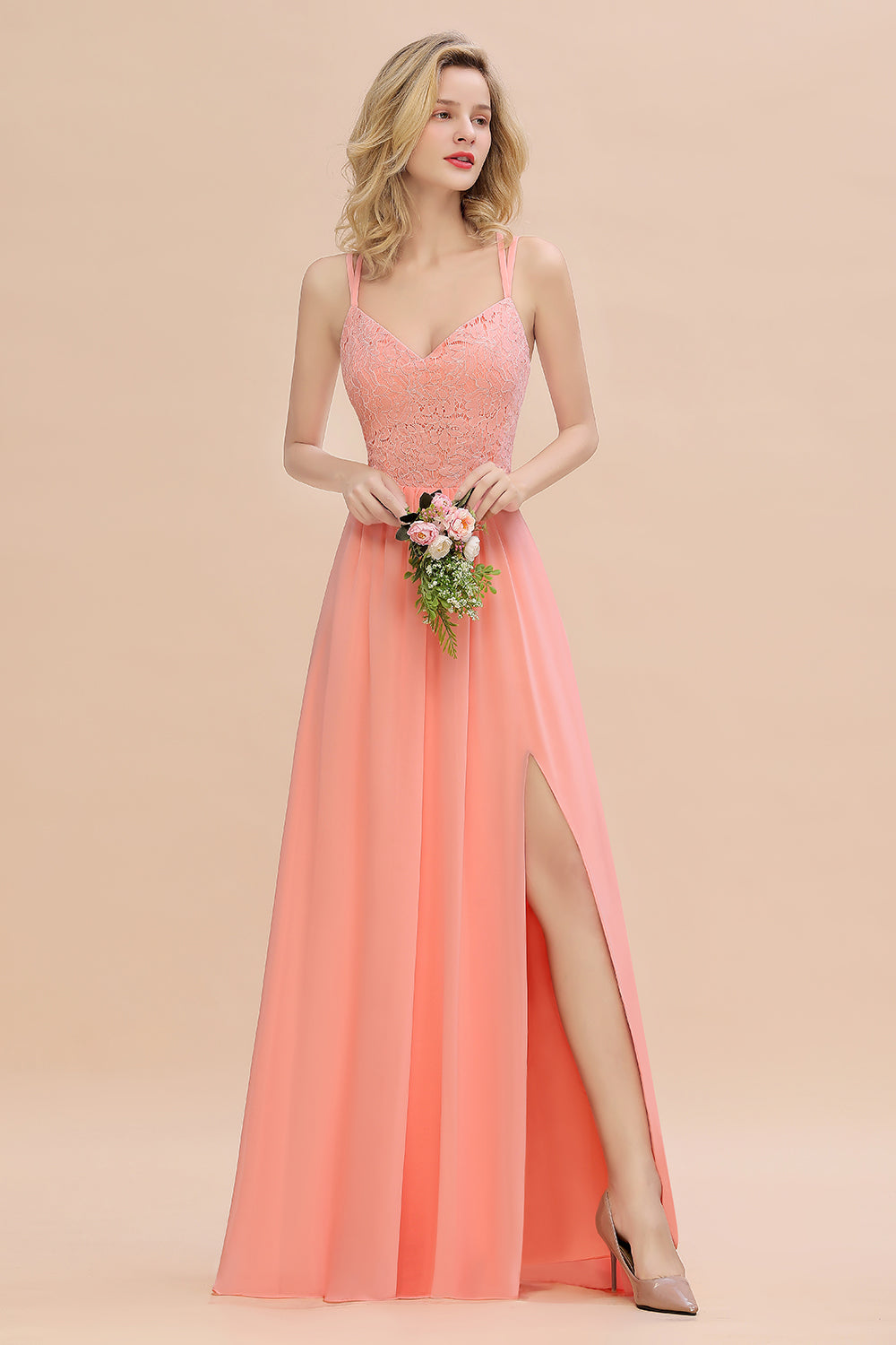 Pink Sweetheart Chiffon A-Line Long Bridesmaid Dress with Slit