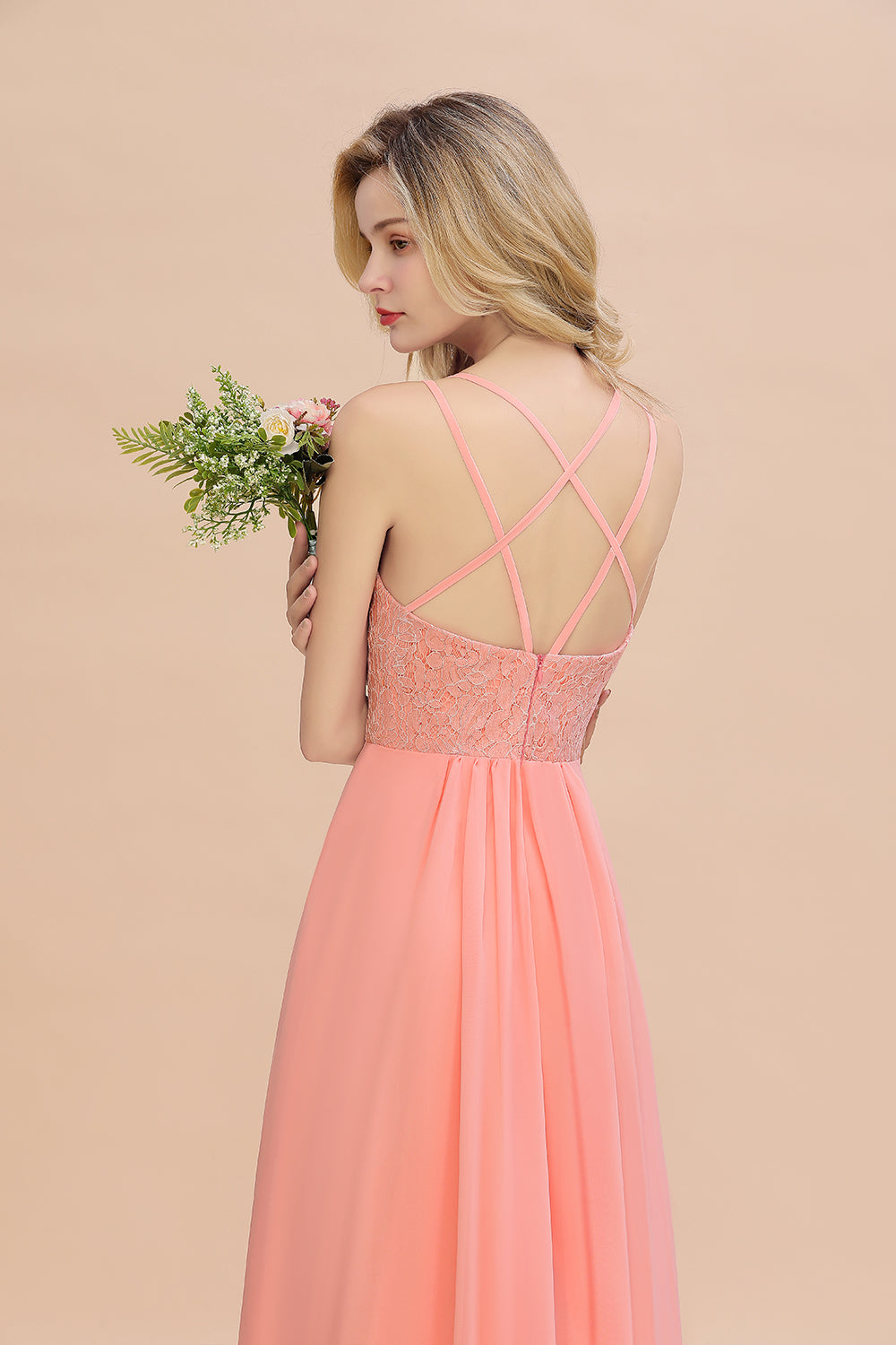 Pink Sweetheart Chiffon A-Line Long Bridesmaid Dress with Slit Back Detail