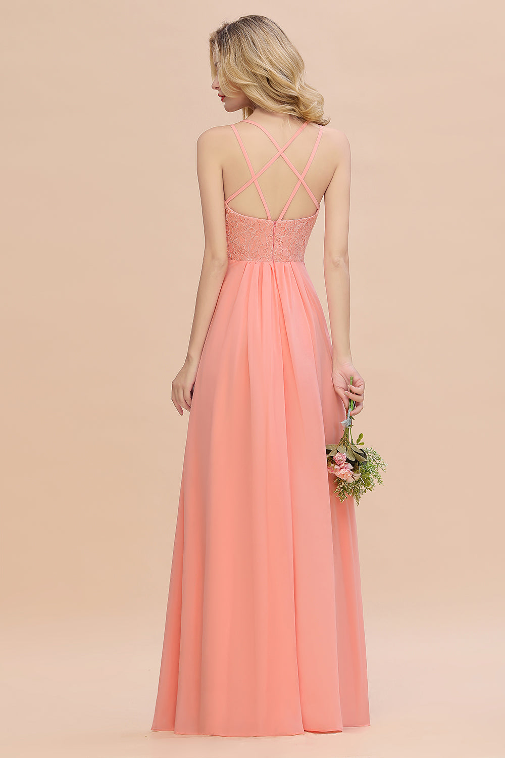 Pink Sweetheart Chiffon A-Line Long Bridesmaid Dress with Slit Back View