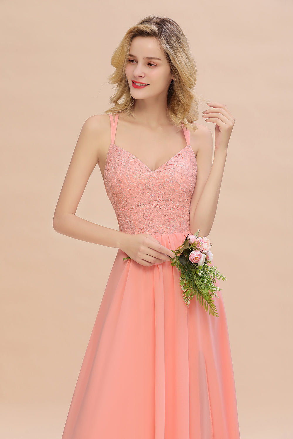Pink Sweetheart Chiffon A-Line Long Bridesmaid Dress with Slit Bodice Detail