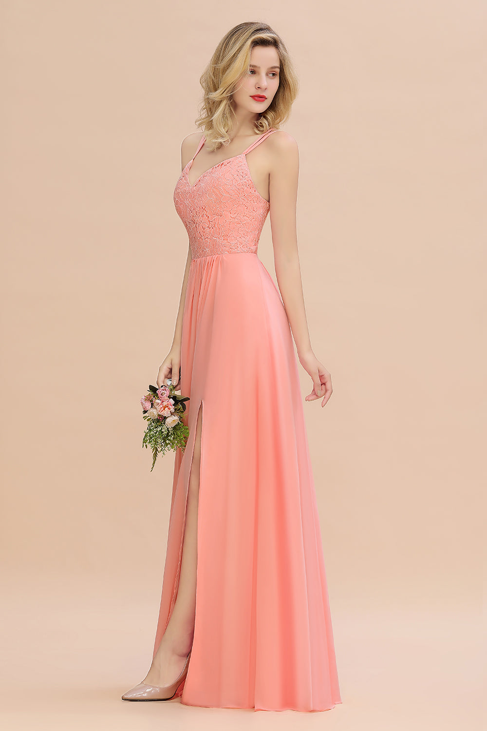Pink Sweetheart Chiffon A-Line Long Bridesmaid Dress with Slit Side View