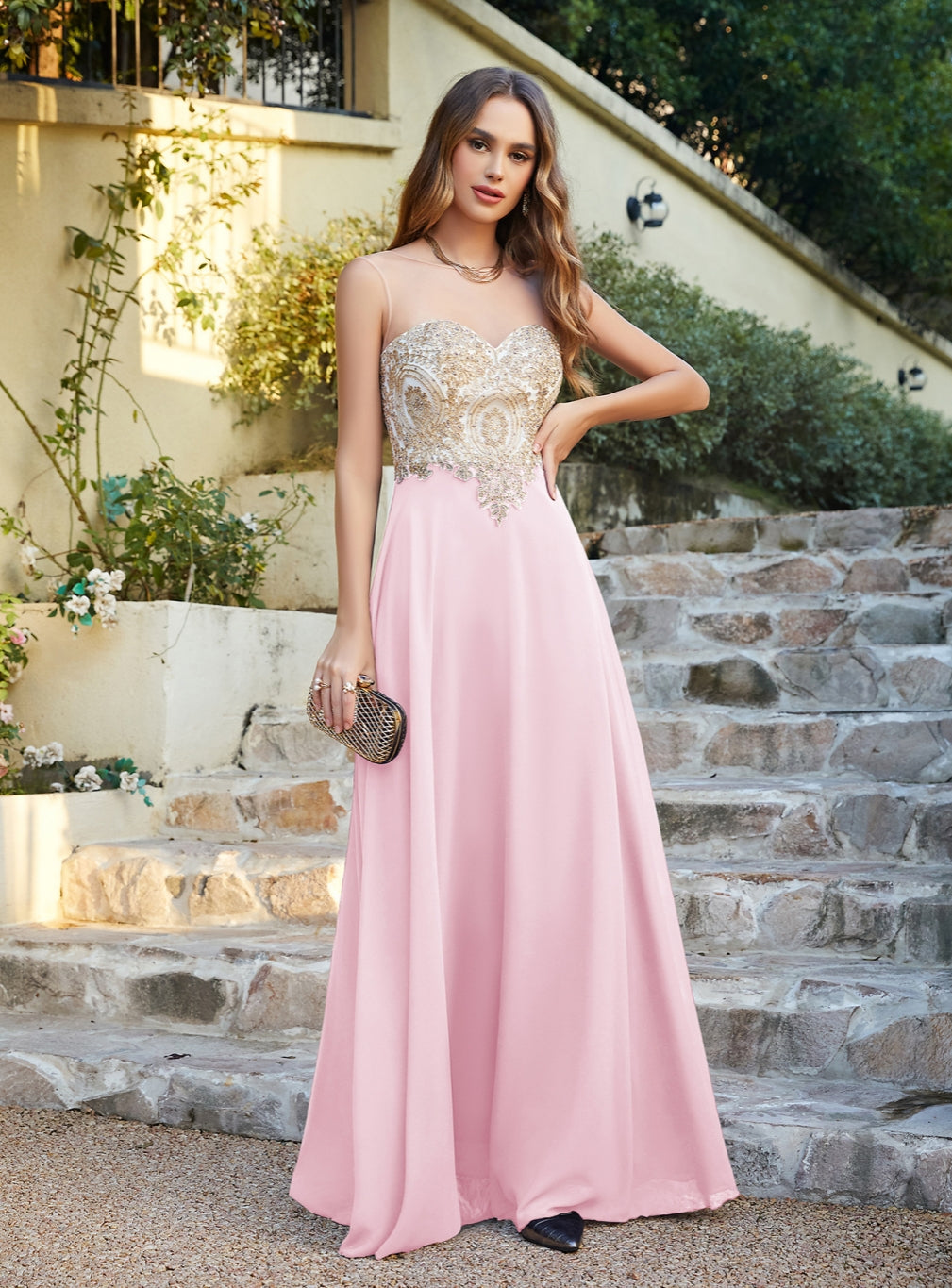 Pink Sweetheart Chiffon A-Line Long Bridesmaid Dress