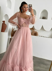Pink Sweetheart Tulle A-Line Long Prom Dress with Long Sleeves and Ruching