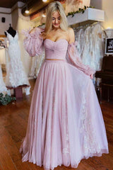 Pink Sweetheart Tulle Two Piece Long Prom Dress with Long Sleeves