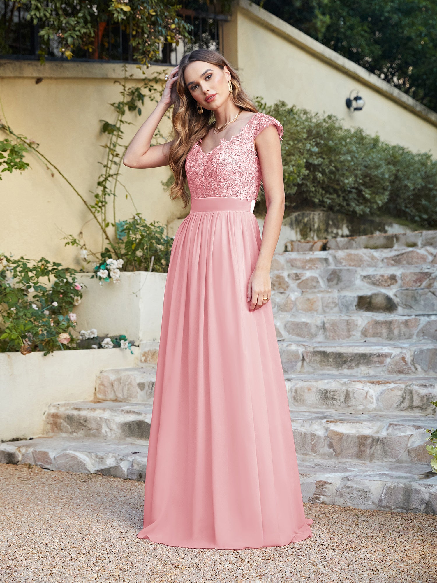 Pink V-Neck A-Line Long Bridesmaid Dress with Lace Appliques