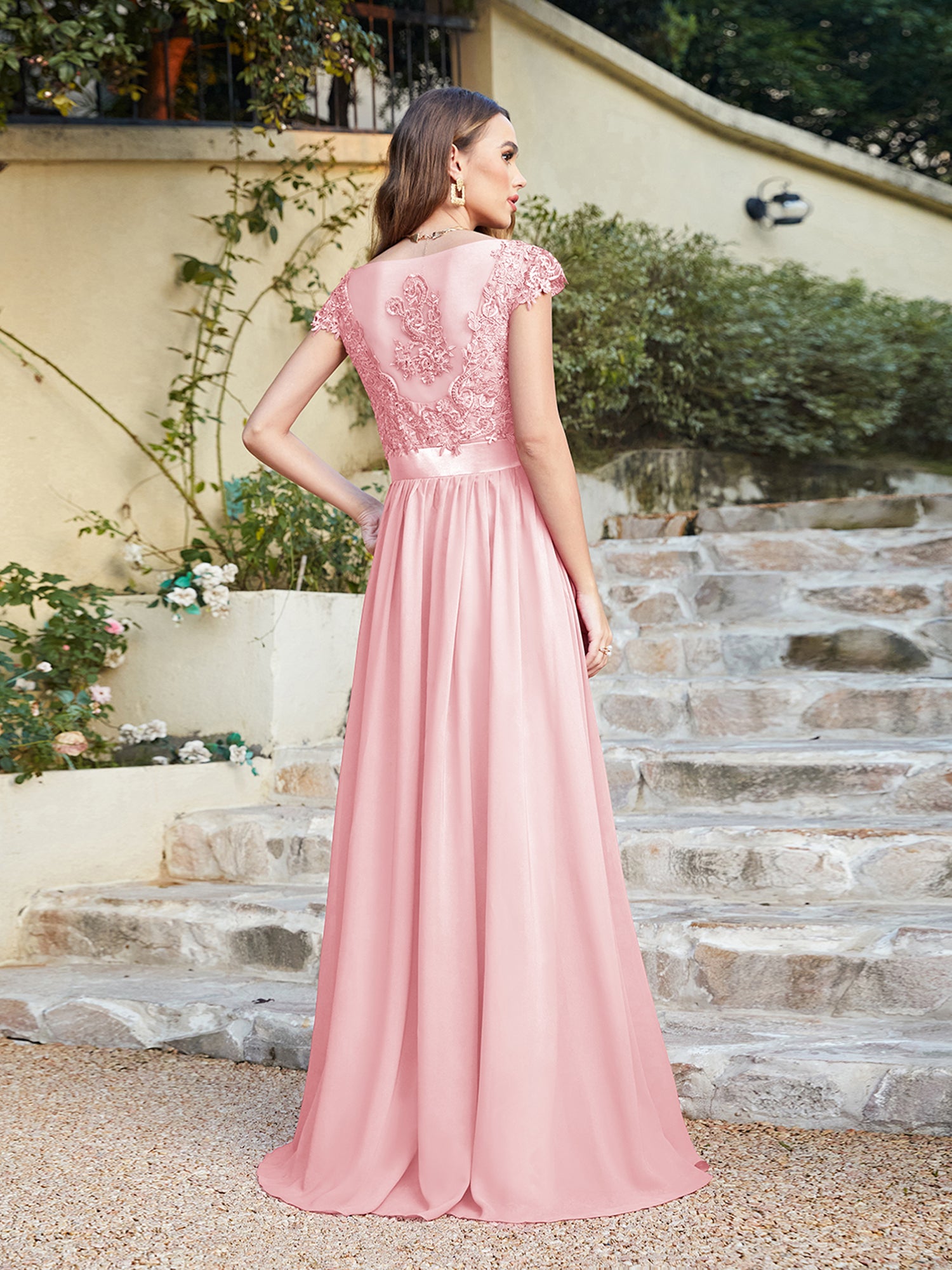 Pink V-Neck A-Line Long Bridesmaid Dress with Lace Appliques Back View