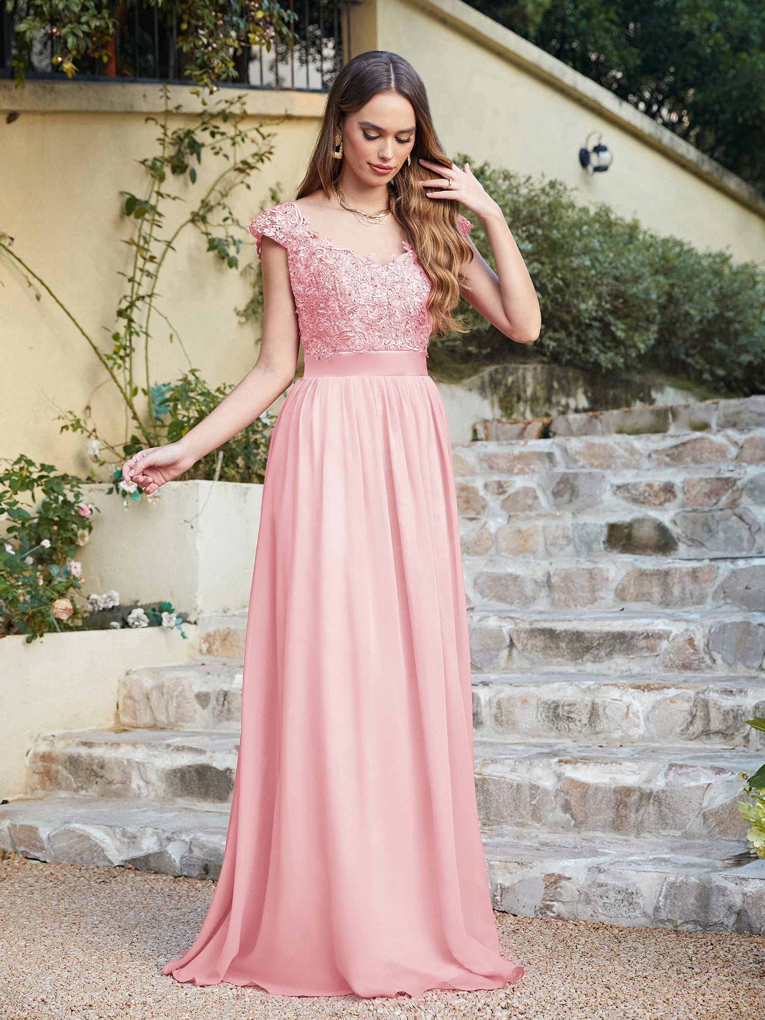 Pink V-Neck A-Line Long Bridesmaid Dress with Lace Appliques