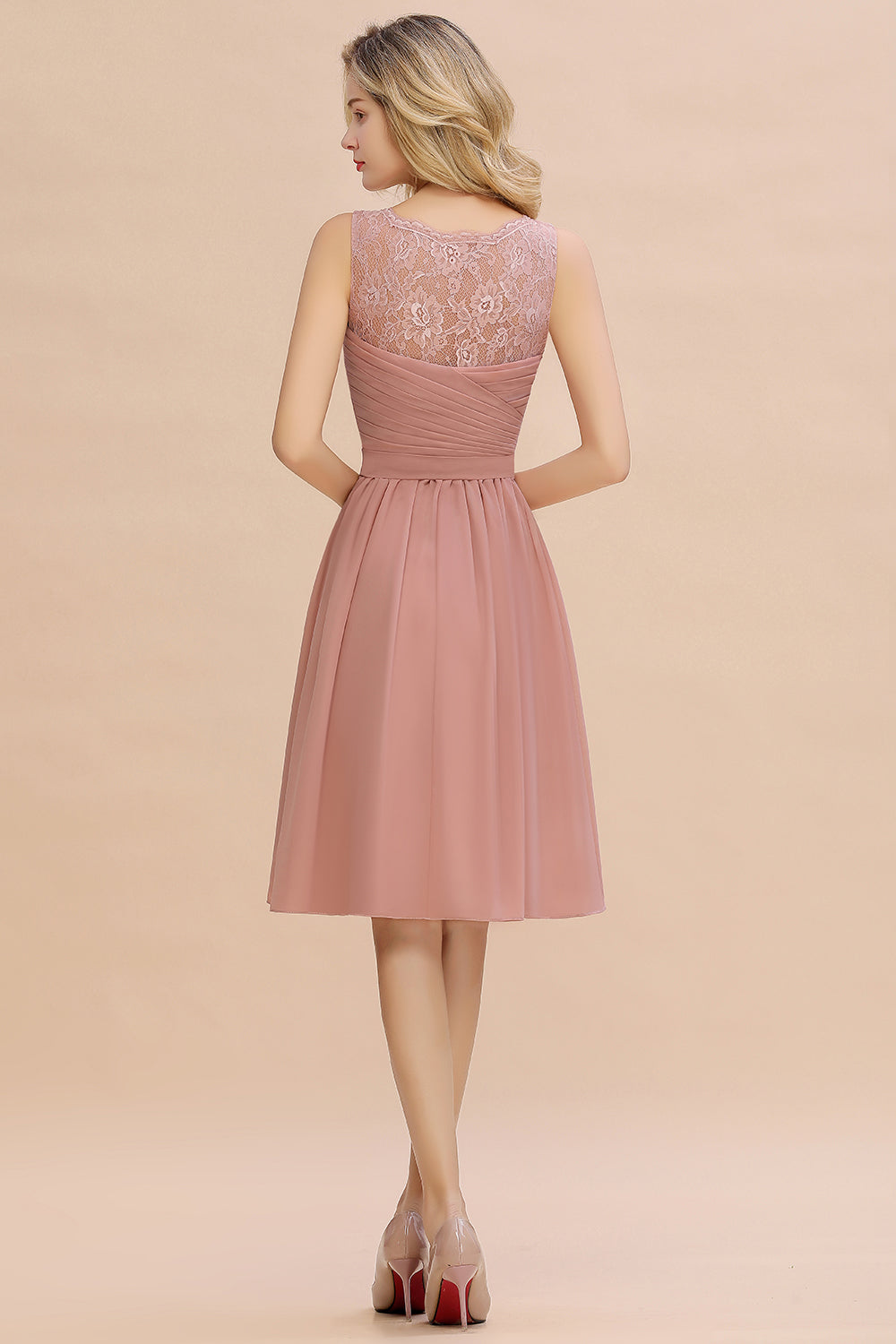 Pink V-Neck Chiffon A-Line Bridesmaid Dress with Lace Appliques Back View