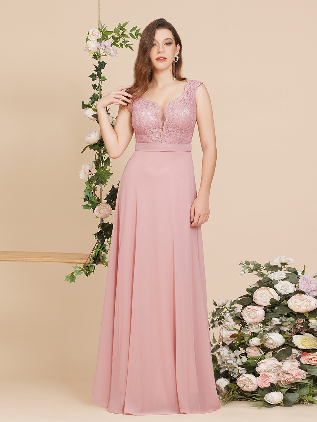 Pink V-Neck Chiffon A-Line Long Bridesmaid Dress