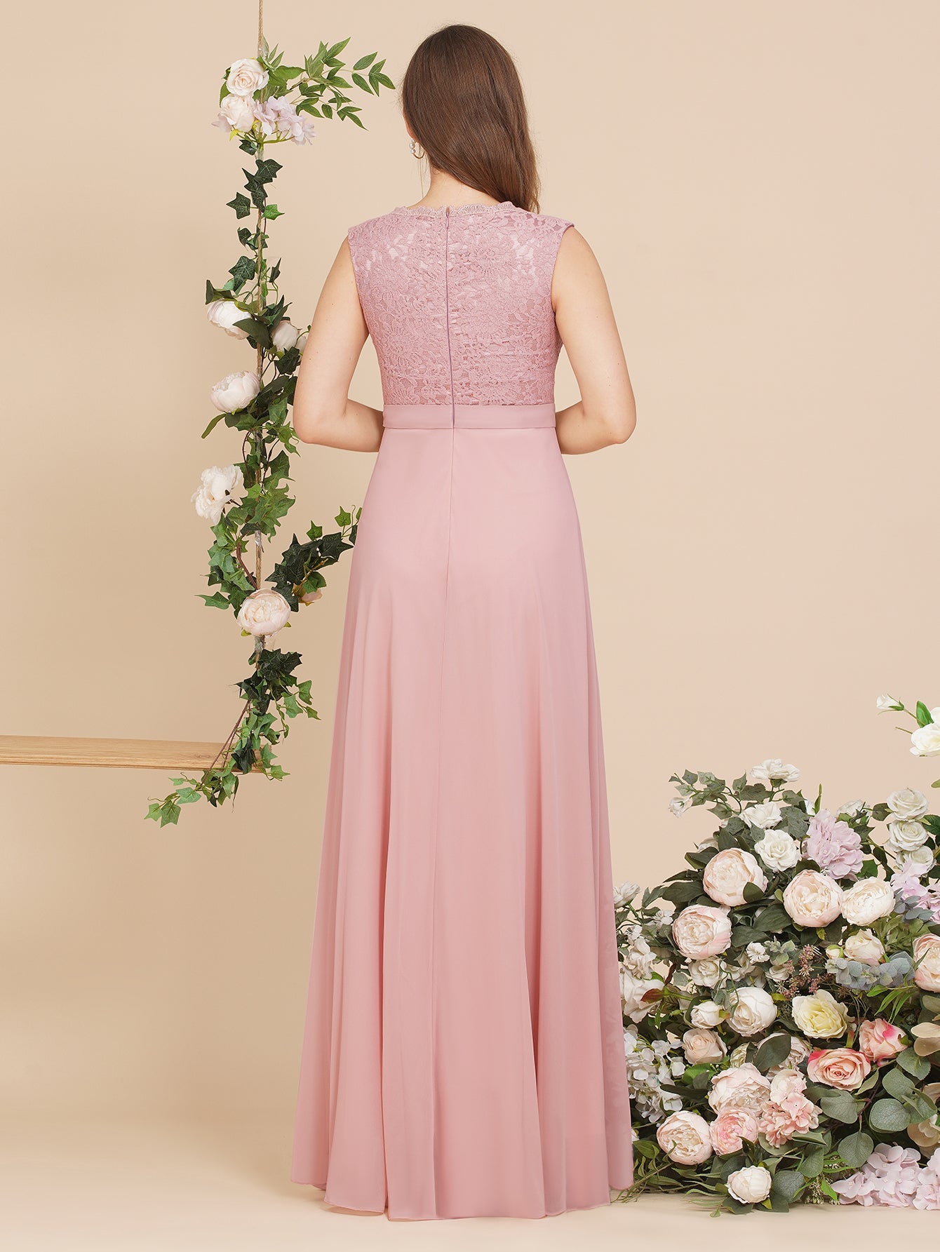Pink V-Neck Chiffon A-Line Long Bridesmaid Dress Back View