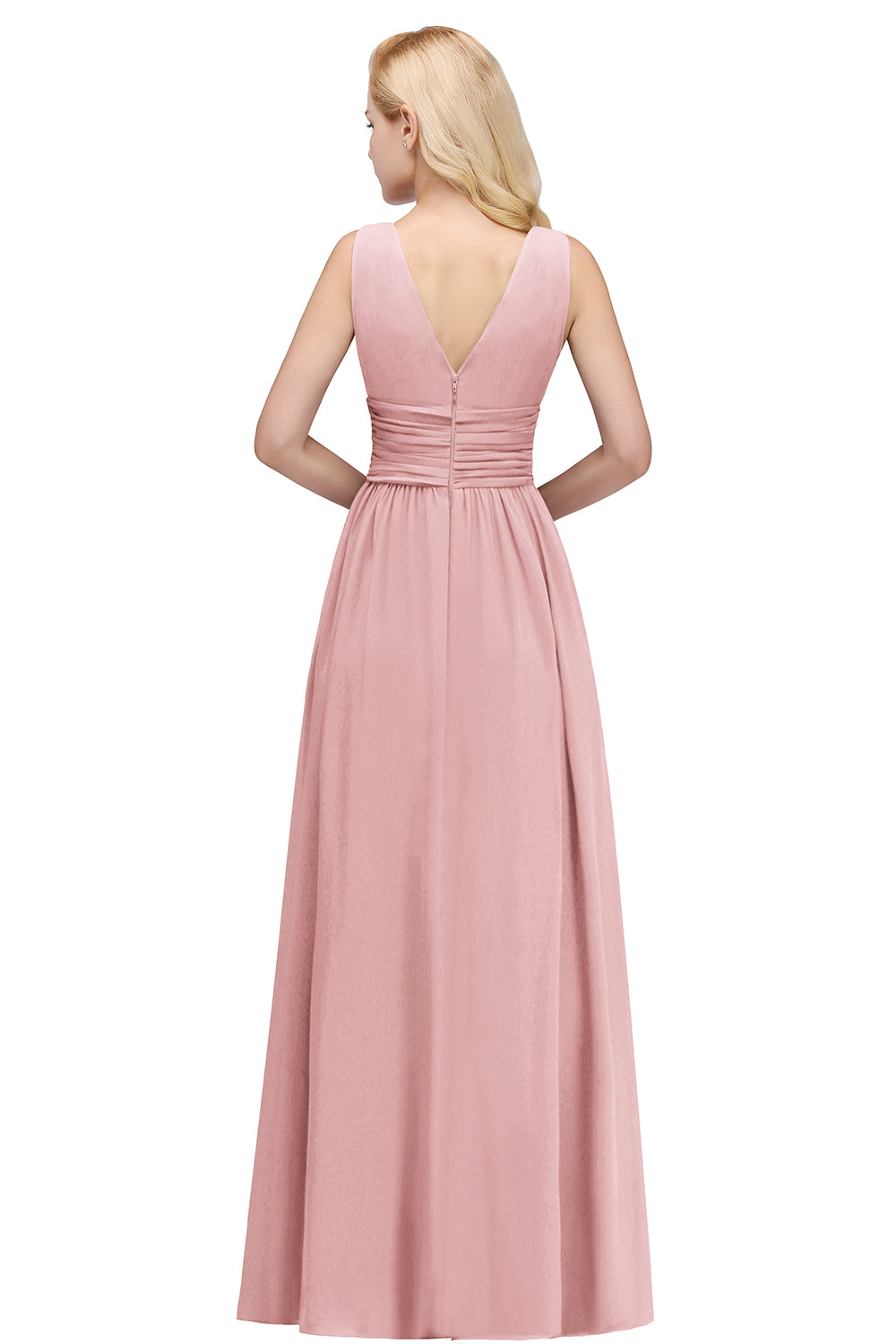 Pink V-Neck Chiffon A-Line Long Bridesmaid Dress Back View