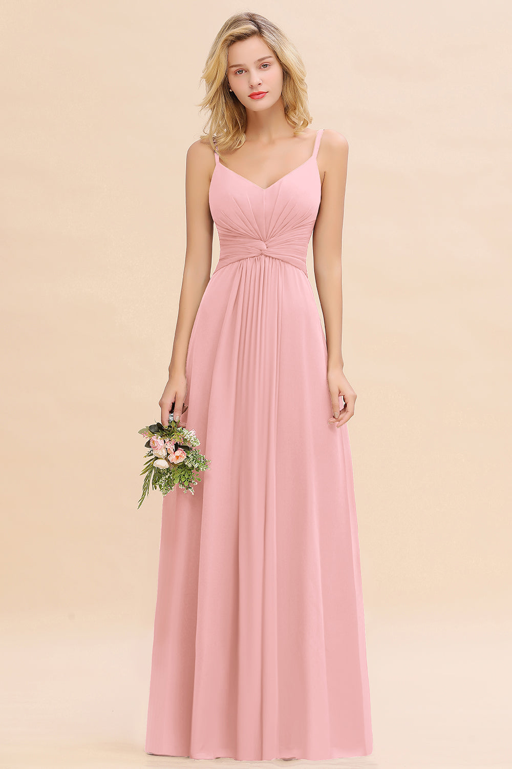 Pink V-Neck Chiffon A-Line Long Bridesmaid Dress with Ruching