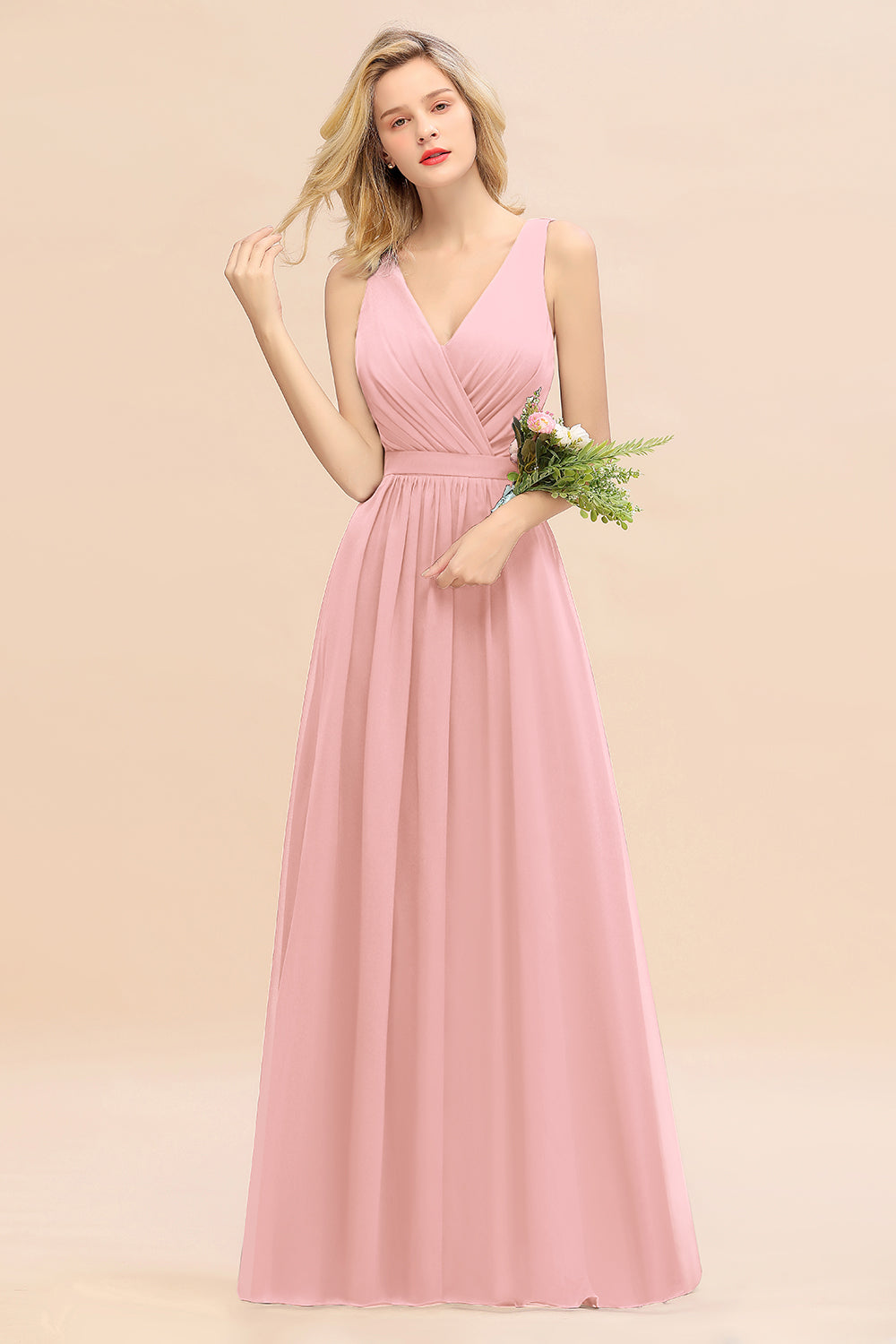 Pink V-Neck Chiffon A-Line Long Bridesmaid Dress with Ruching