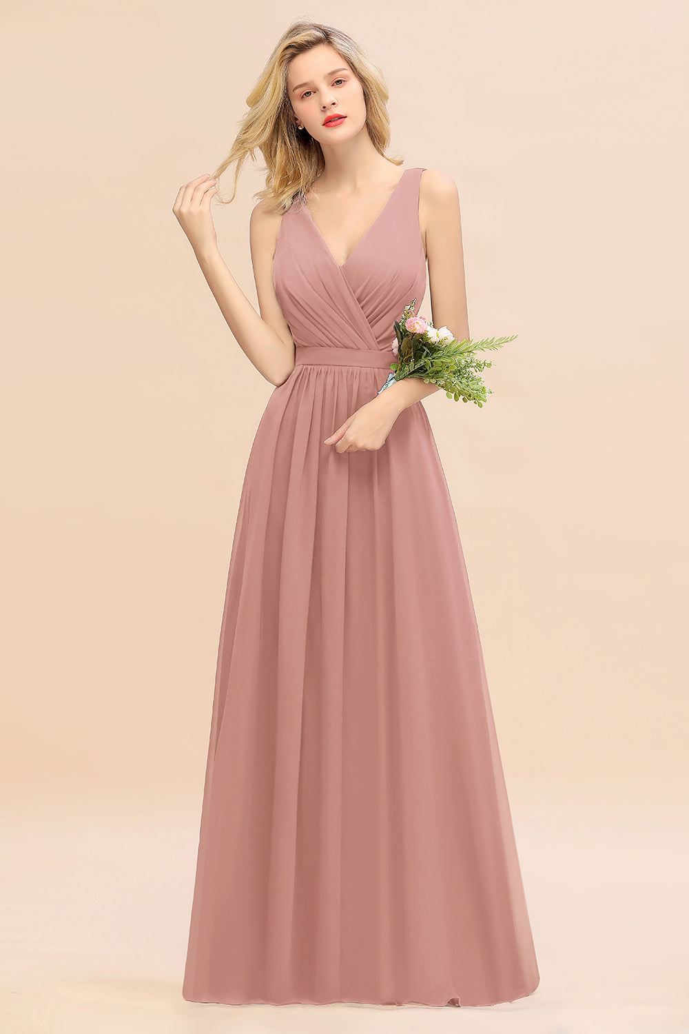 Pink V-Neck Chiffon A-Line Long Bridesmaid Dress with Ruching