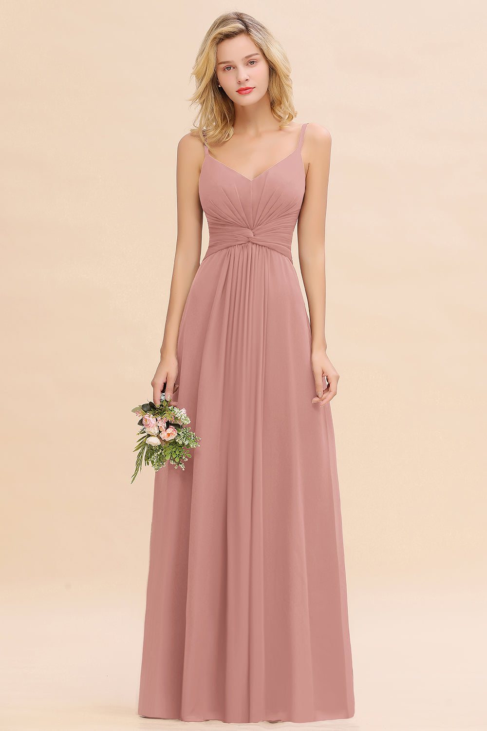 Pink V-Neck Chiffon A-Line Long Bridesmaid Dress with Ruching
