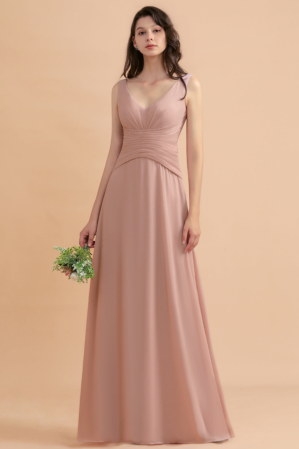 Pink V-Neck Chiffon A-Line Long Bridesmaid Dress with Ruching