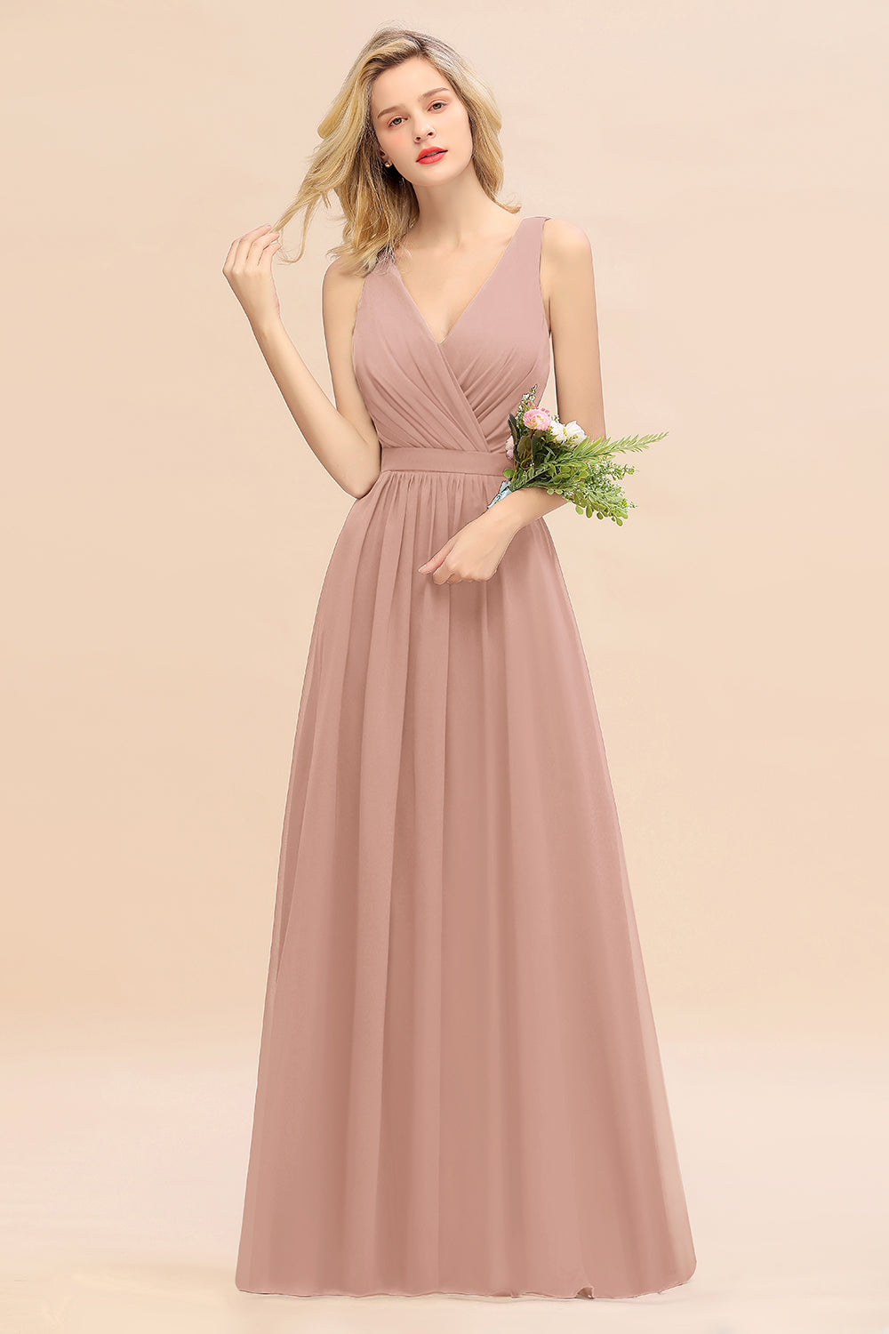 Pink V-Neck Chiffon A-Line Long Bridesmaid Dress with Ruching