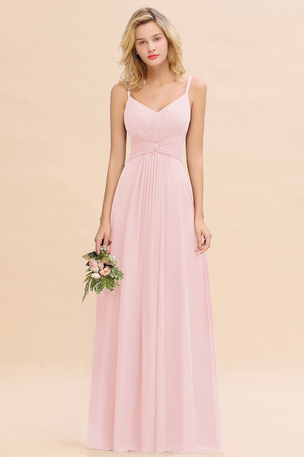 Pink V-Neck Chiffon A-Line Long Bridesmaid Dress with Ruching