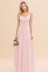 Pink V-Neck Chiffon A-Line Long Bridesmaid Dress with Ruching