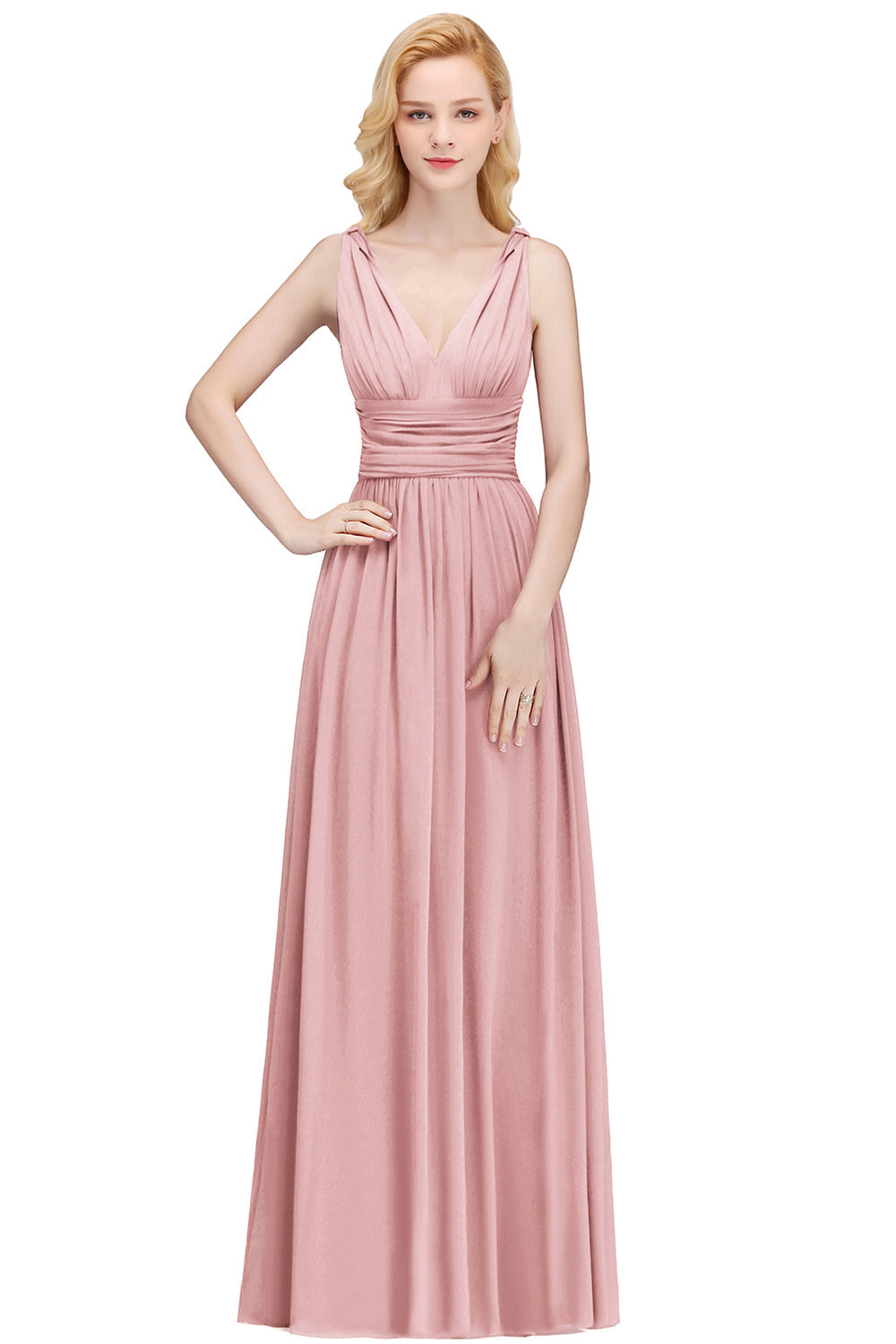 Pink V-Neck Chiffon A-Line Long Bridesmaid Dress